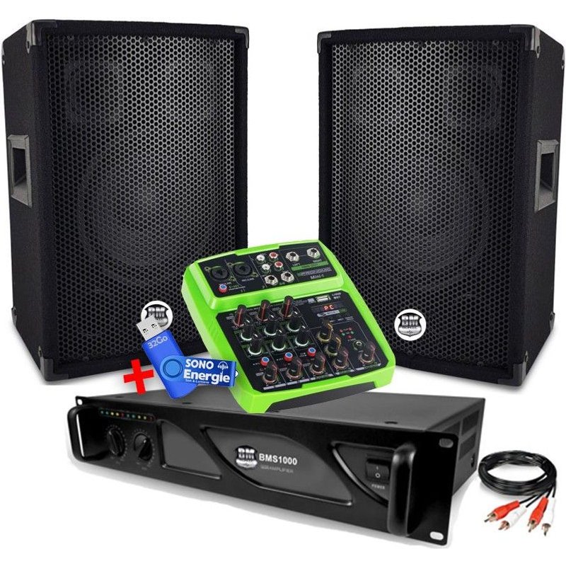 Pack sono 2 enceintes bms08 amplificateur 1000W bms1000 et table de mixage mini4 +clé USB 32Go