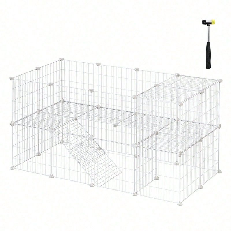 Clôture Pour Animaux Domestiques, 2 Niveaux, Enclos Modulable, Pour Petits Animaux, Hamsters, Lapins, Cochon D'inde, 143 X 73 X 71 Cm, Blanc