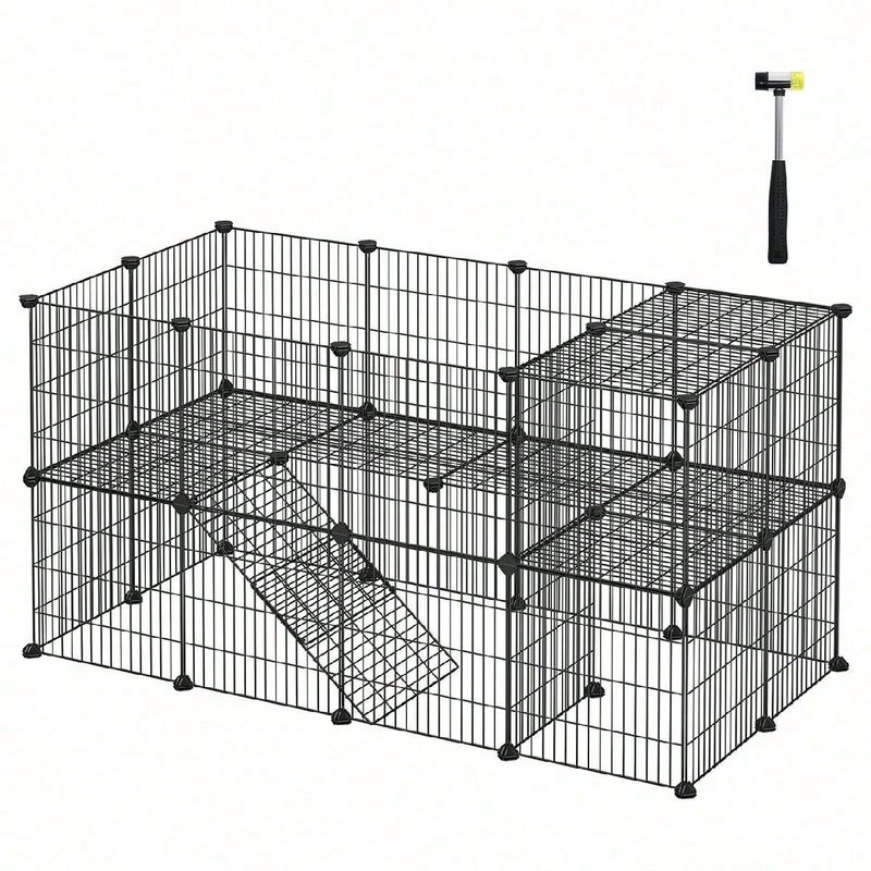 Songmics Clôture Pour Animaux Domestiques, 2 Niveaux, Enclos Modulable, Pour Petits Animaux, Hamsters, Lapins, Cochon D'inde, 143 X 73 X 71 Cm, Noir