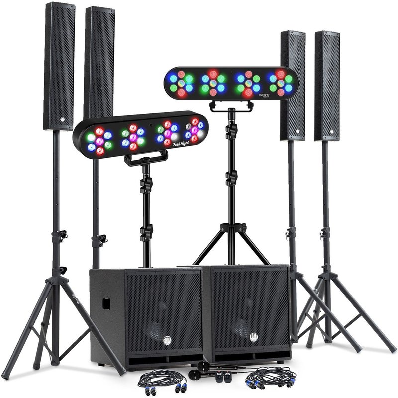 PACK SONO DJ COMPLET 2400W BM SONIC, 4 Enceintes, 2x MEGA SUB 38cm USB/Bluetooth, Câbles, Micros, 2 PORTIQUES ECLAIRAGES LED