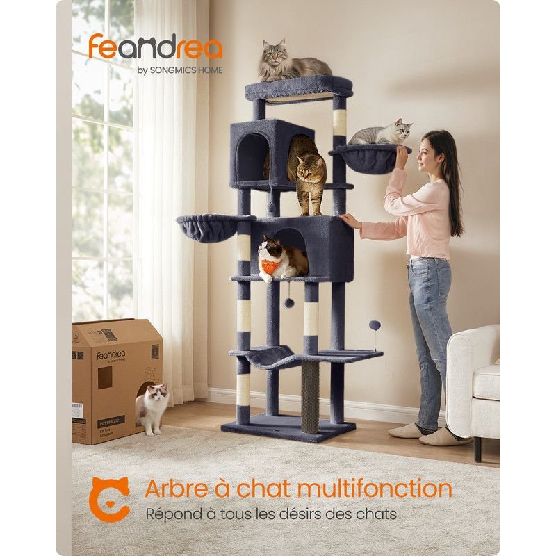 Grand Arbre À Chat, Tour À Chat De 190,7 Cm De Haut, Avec 2 Niches, 2 Paniers, 5 Griffoirs, Toilettage Autonome, Perchoir, Hamac, Gris Foncé