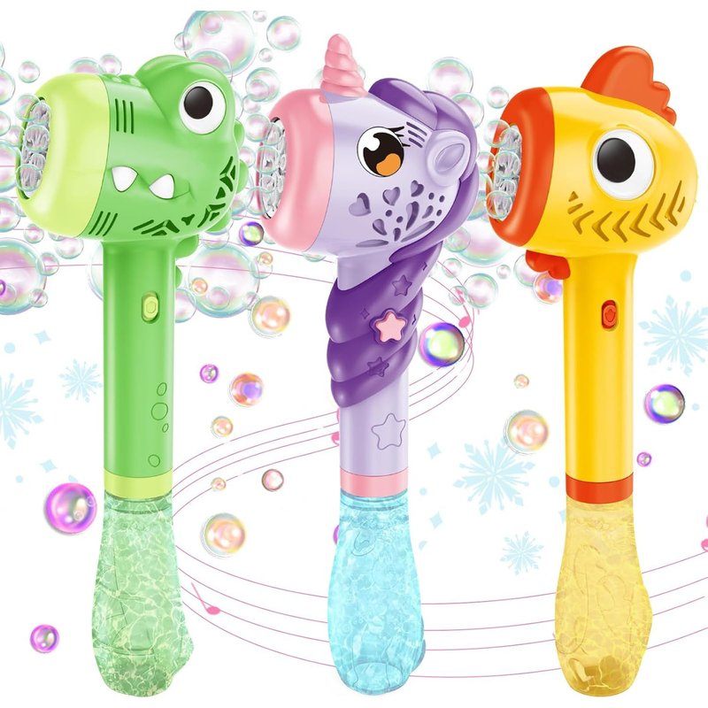 3 Pack Automatic Bubble Wands with Light and Music for Kids,Bubble Gun with 3 Refill Solutions,Birthday Gift for Boys and Girls