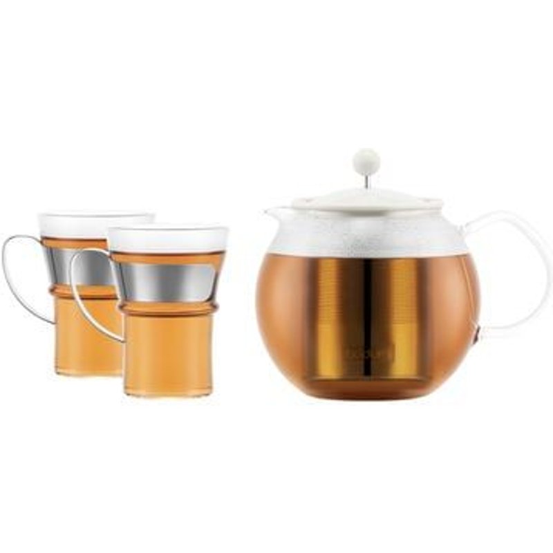 Bodum - Théiÿre à piston avec filtre inox 1l Assam avec 2 tasses en verre 0,35 l - Blanc
