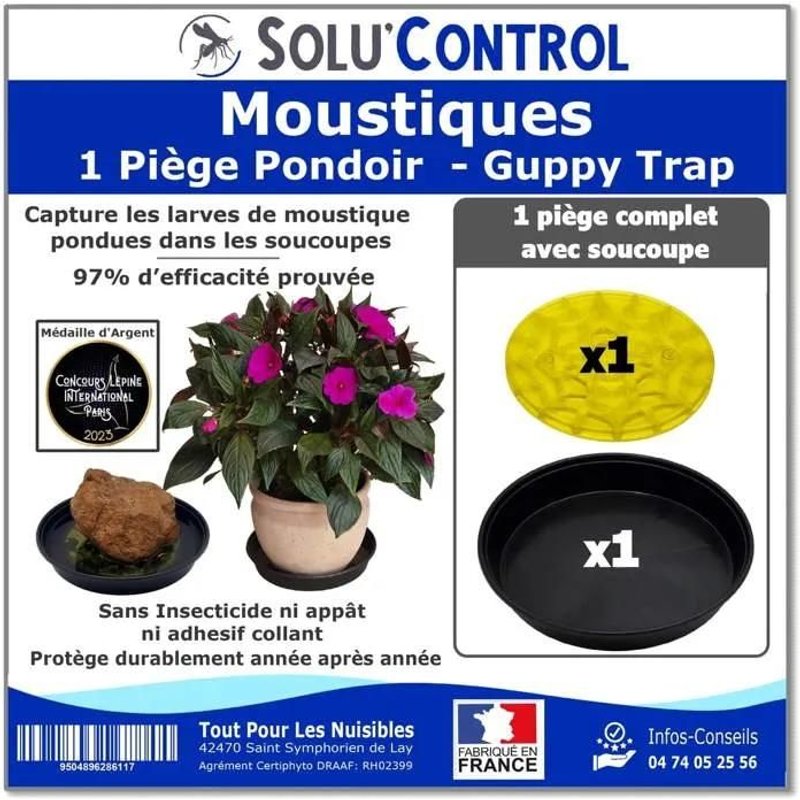 1 Guppy Trap + coupelle, Piège Pondoir à Moustiques, sans Adhésif, Médaille d'argent Concours Lépine 2023