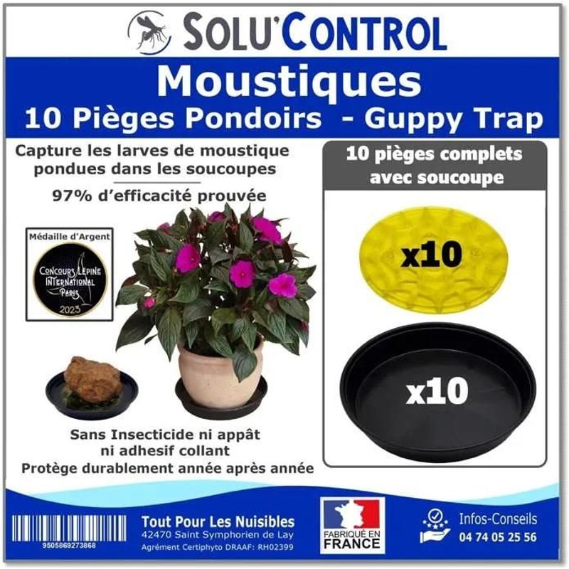 10 Guppy Trap + 10 coupelles, Piège Pondoir à Moustiques, Sans produit, Sans Adhésif, Médaille d'Argent Concours Lépine 2023