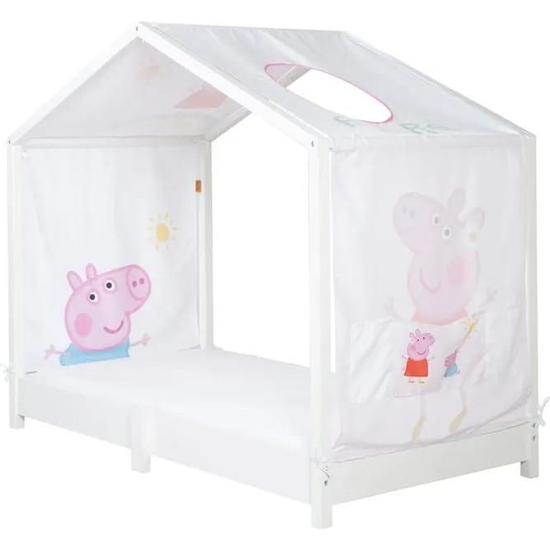 Toile de Lit Cabane Montessori 70x140 - ROBA - Peppa Pig - avec 3 Poches de Rangement et FenĂȘtre de Toit - Rose / Blanc