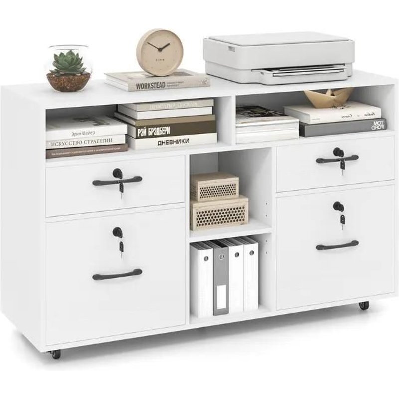 Costway Caisson Bureau À Roulettes Avec 4 Tiroirs Verrouillables, Dossiers Suspendus Au A4 Lettre, Pour Imprimante, Document Blanc