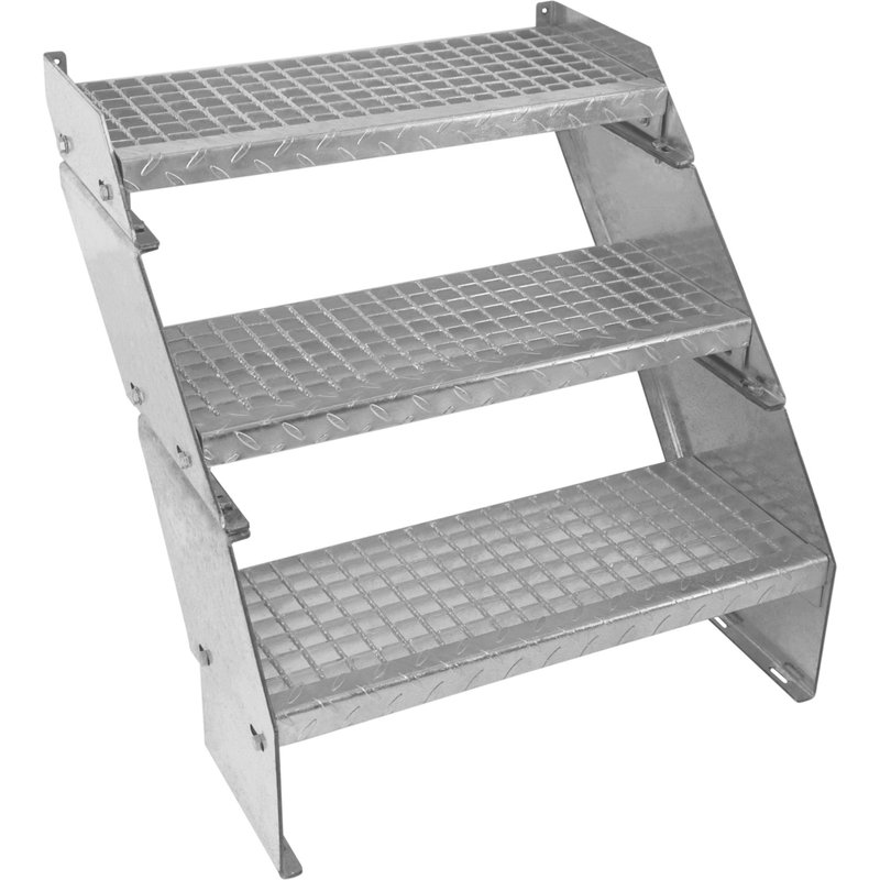 Escalier Caillebotis à 3 marches 600mm x 240 mm - Acier Galvanisé DIN 24537 - Hauteur totale 600mm - Maille 20 x 25 mm - Résistant à la Corrosion EN ISO 1461 - Construction Bâtiment Sortie de Secours