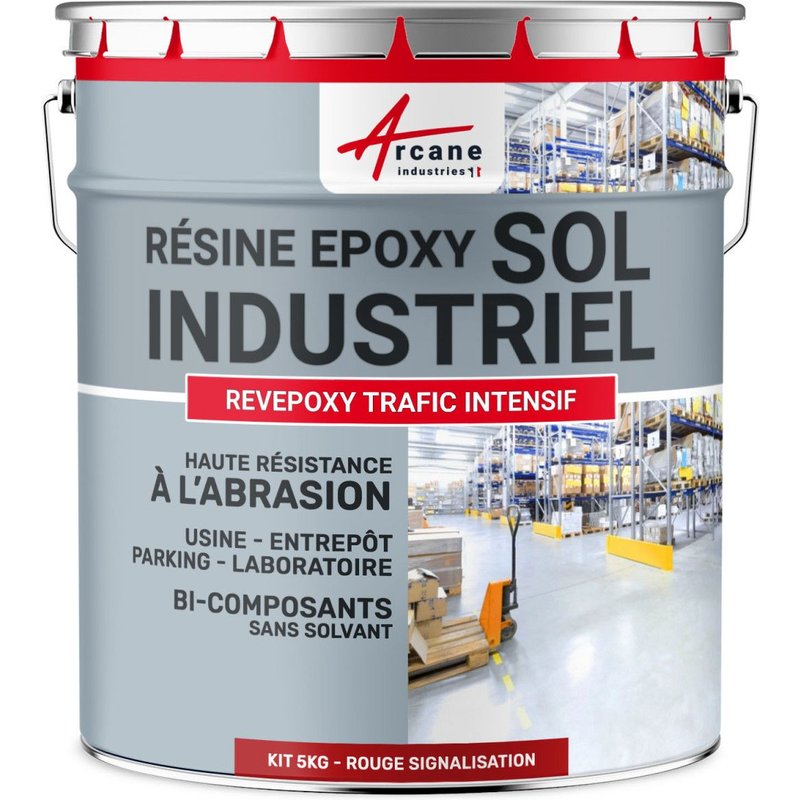 Peinture sol, résine epoxy, revêtement sol industriel et sol béton, usine, parking : Revepoxy trafic intensif Rouge signalisation - RAL 3020 5 Kg (jusqu'à 10 m² en 2 couches)