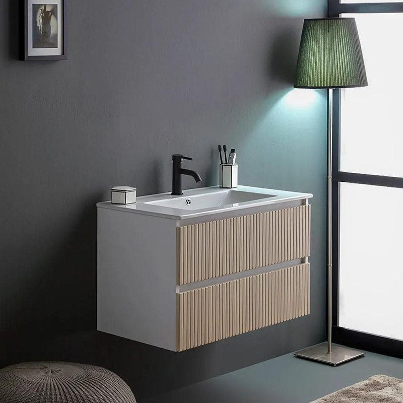 Meuble Salle De Bain Suspendu 80cm Blanc Avec 2 Tiroirs ChĂȘne CannelĂ© Bilbao