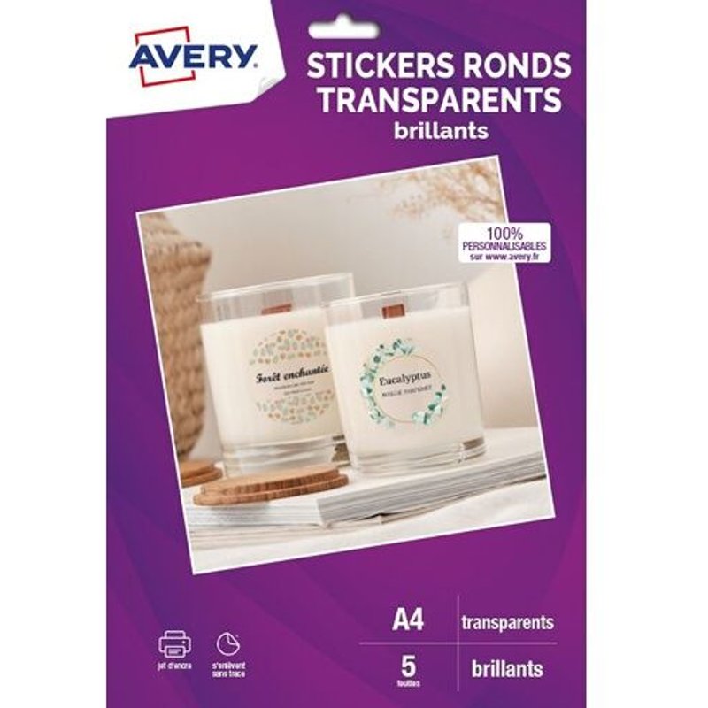 Avery - Adhésif permanent - transparent - diamètre 40 mm 120 étiquette(s) (5 feuille(s) x 24 pack suspendu - autocollants