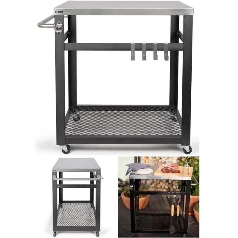 Desserte Finition Acier Inoxydable 73 X 50 Cm Pour Plancha Plateau Bois Range Bouteille 4 Roulettes Avec Freins