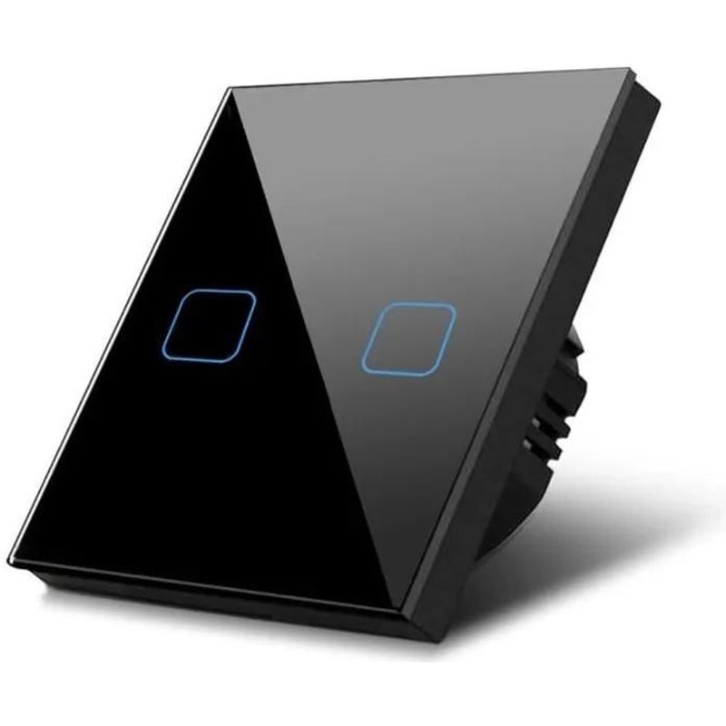 Interrupteur d'éclairage mural tactile - MACLEAN - Double - Verre noir - 1000W - 2 boutons