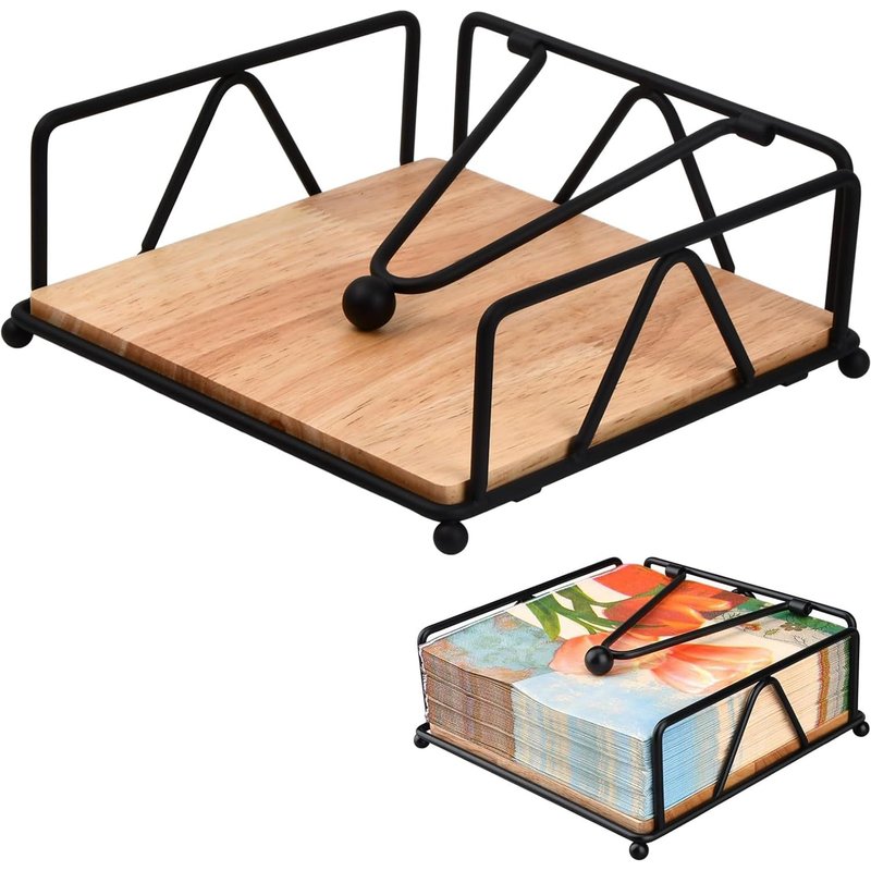 KALANKA-Natuce Porte Serviette Papier Table moderne, Porte-Serviettes de Table en Métal Bois, Support Serviette Papier Table, Distributeur de Serviette Papier pour Restaurants Pubs Cafés- 16.7x16.7cm