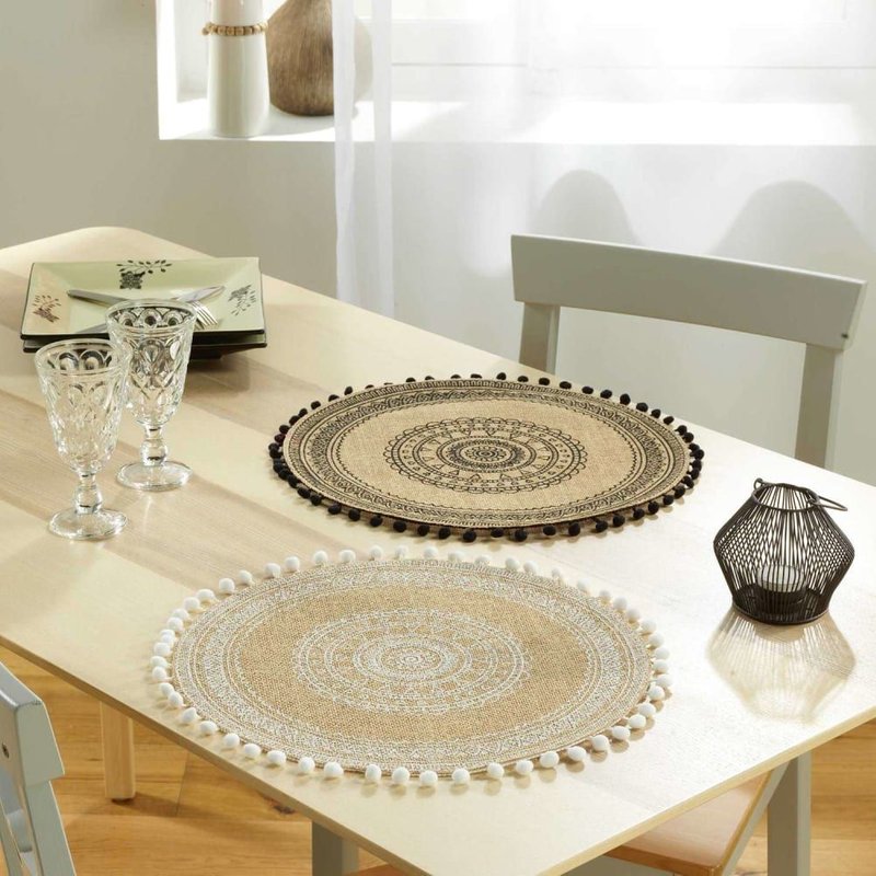 Set De Table Blanc En Jute Avec Pompons Diam. 38 Cm