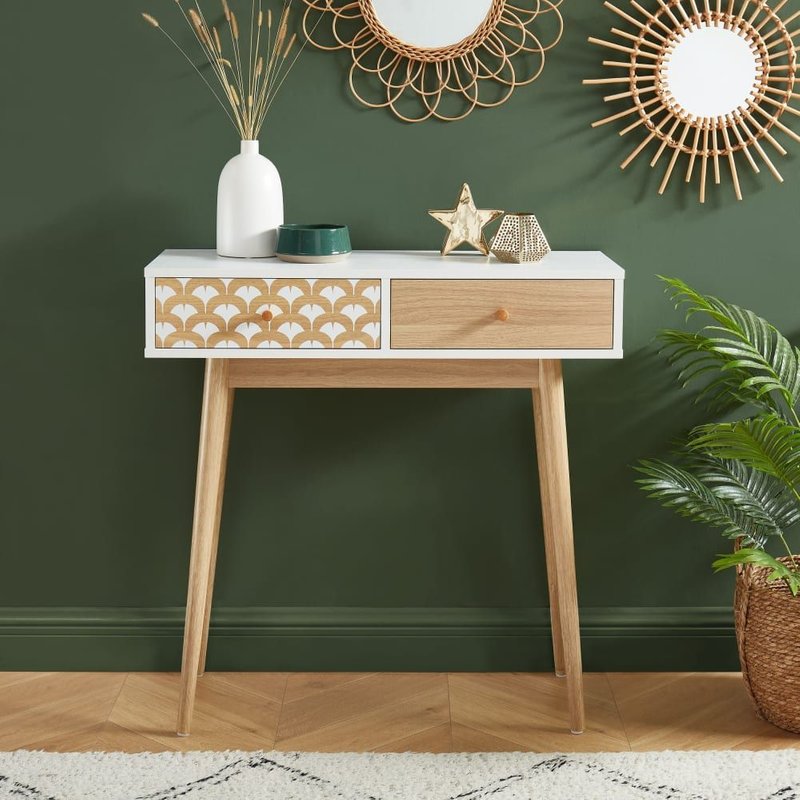 Console Blanc Et Effet Bois Et ChĂȘne 2 Tiroirs 80cm