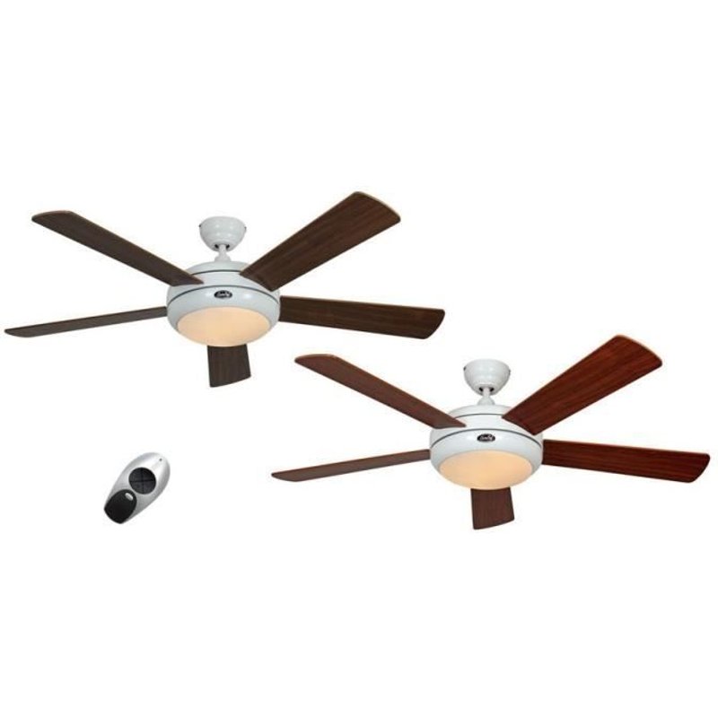Ventilateur de plafond, design silencieux 132 Cm, télécommande, laqué blanc pales bois Noyer et Cerisier lampe CASAFAN Titanuim