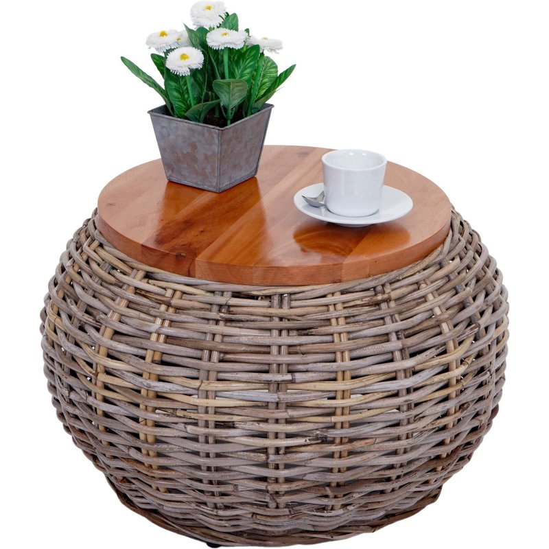 Table D'appoint Hwc-M30, Table En Rotin Table De Fleurs Table De Café Table De Salon Table En Bois, Ronde 33x49x49cm, Kubu Rotin Naturel