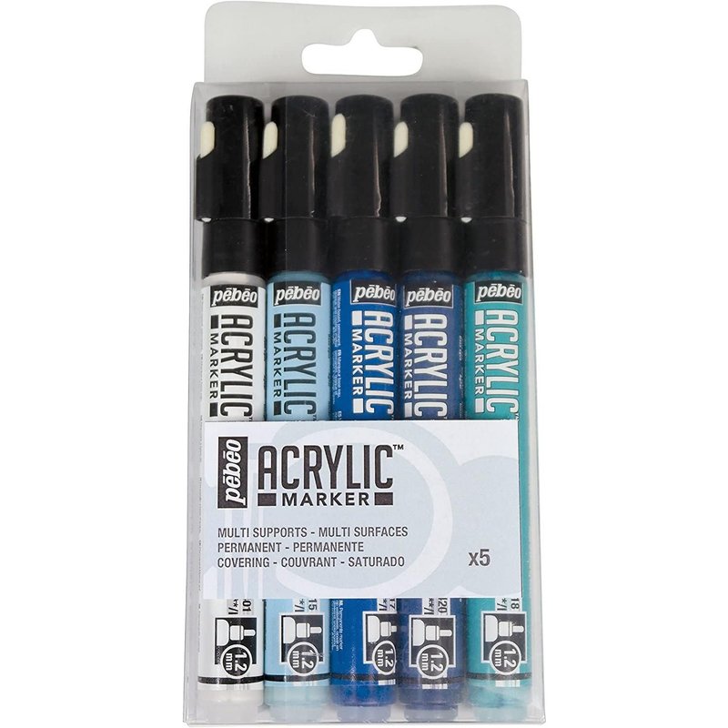 SET 5 MARKERS 1.2MM BLANC, BLEU CLAIR, CYAN, BLEU CARAIBES, BLEU NUIT