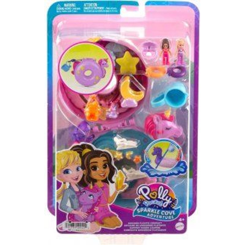 Coffret Licorne Polly Pocket Piscine Toboggan + Bouée + 2 Figurine + 12 Accessoires - Set Jouet Fille Mini Monde + 1 Carte Offerte - Mini Poupee
