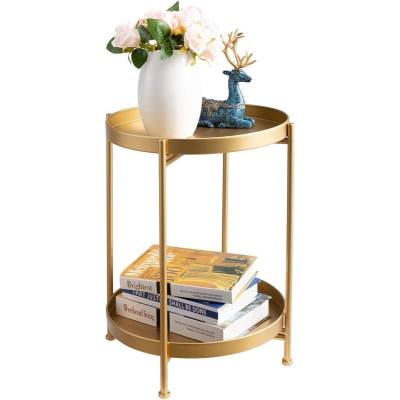 Table D'appoint Ronde À 2 Etages Avec Plateau En Métal Doré, Table Basse Bout De Canapé Pour Salon Chambre Balcon Terrasse, Doré