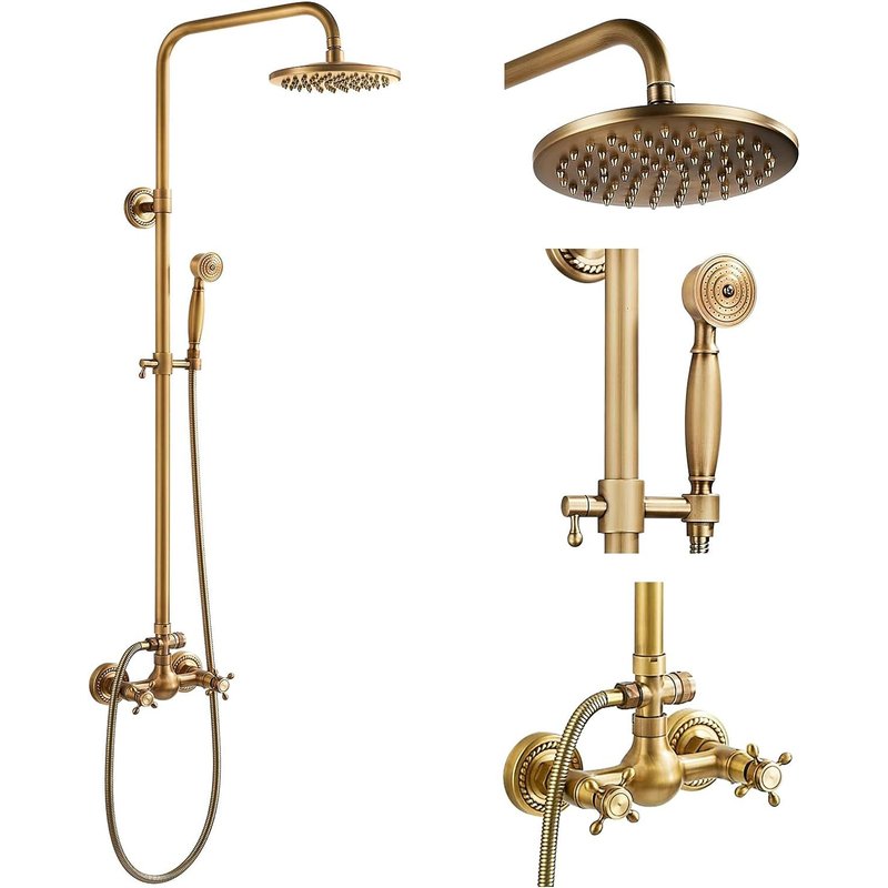 Colonne de Douche Laiton Retro Systeme de Douche Reglable Ensemble de Douche Mural Set Kit de Douche en Bronze Mitigeur de Douche pour Salle de Bain Set 70-120m Deux poignees