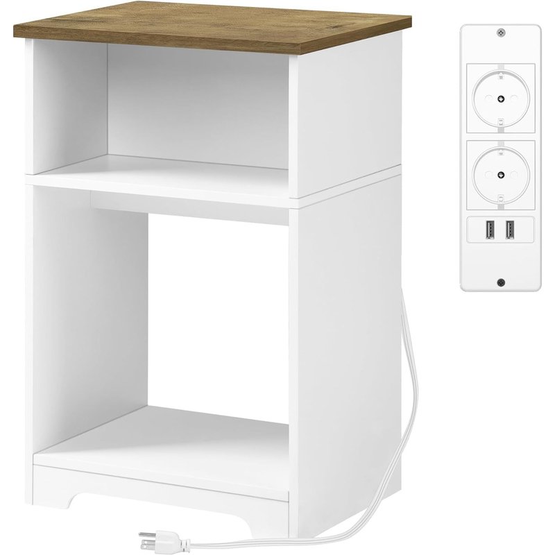 Table De Chevet Avec Borne De Recharge, Table De Chevet 3 Niveaux Avec Port Usb Et Prises, Table De Chevet Mdf Moderne Avec Étagère De Rangement Dans Le Salon, Blanc Et Naturel