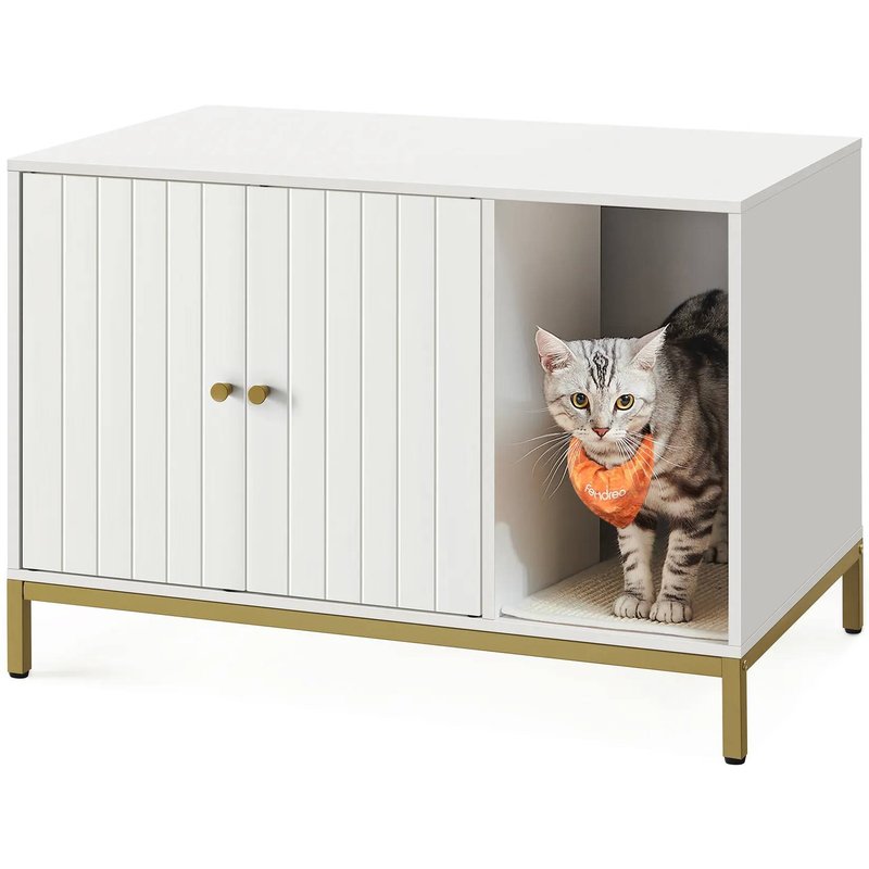 Maison De Toilettes Pour Chat, Cache-Litière, Avec Tapis À Griffer, Pieds Hauts, Table D'appoint, 80 X 50 X 55 Cm, Blanc Et Doré