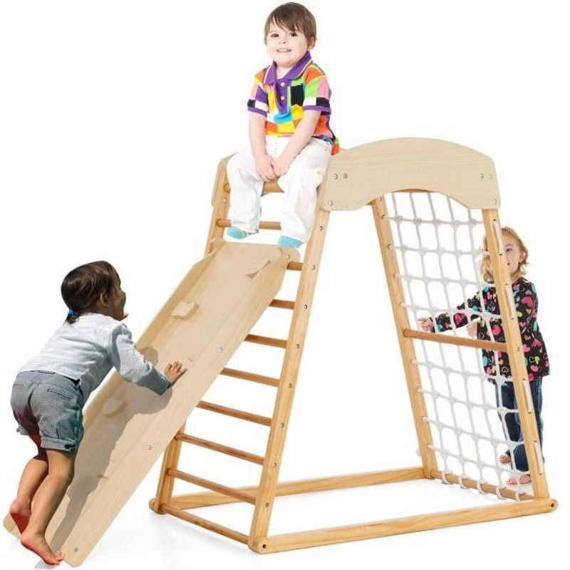 Triangle D'escalade En Bois Massif 6 En 1 - Costway - Avec Toboggan Et Filet Pour Grimper, Ramper Et Glisser