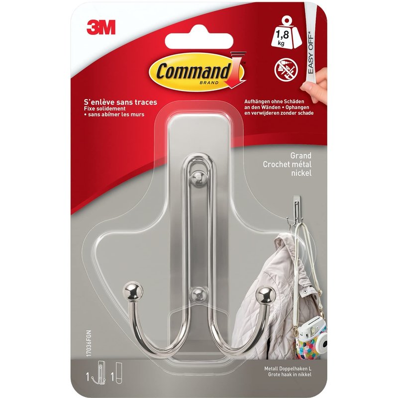 Crochet adhésif double Command métal gris 1.8 kg