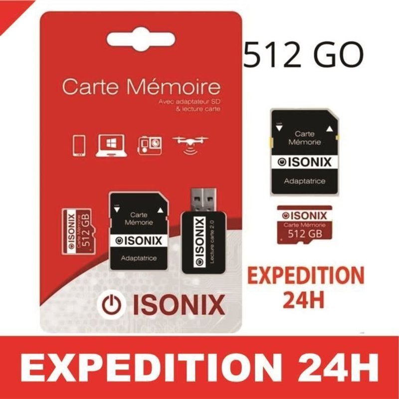 Carte Micro-SD 512 Go ISONIX classe 10 4K SDXC smartphone tablette caméra sport 100% Reél Class 10 + Lecture Carte