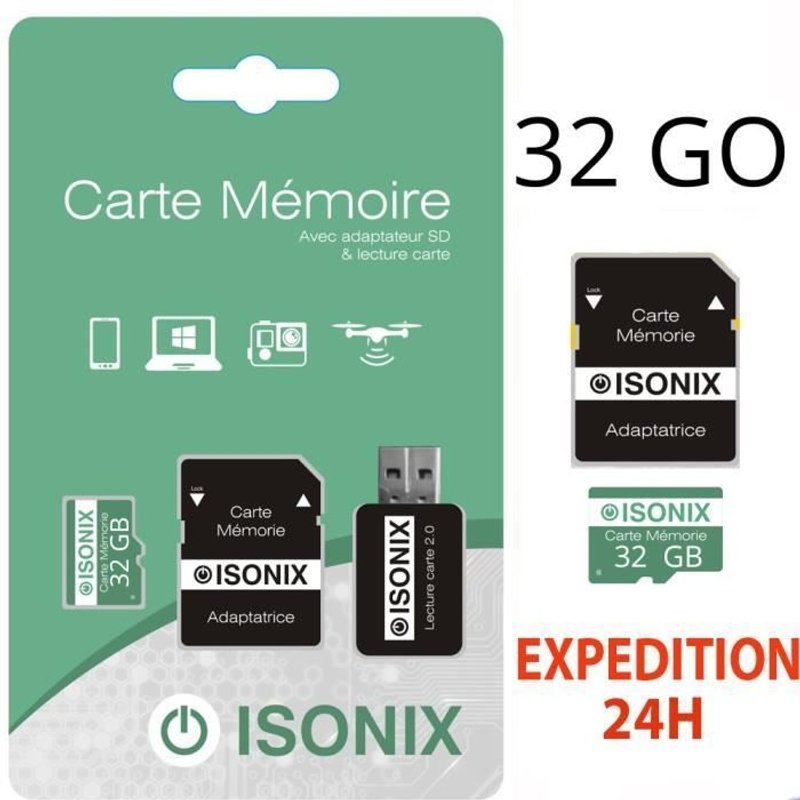 Micro SD Android 32 Go - Classe 10Adaptateur 100% Réel Class 10 + Lecture Carte