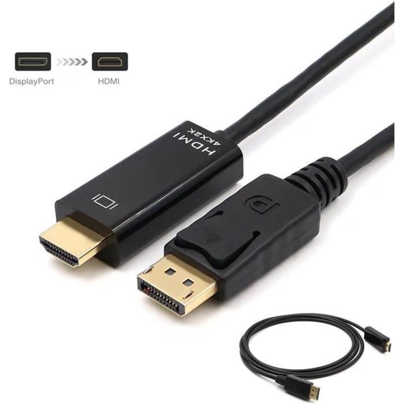Câble Display Port vers HDMI 4K, Zamus Adaptateur DisplayPort (DP) mâle vers HDMI mâle 4K 30Hz Résolution,1.8 m, Noir
