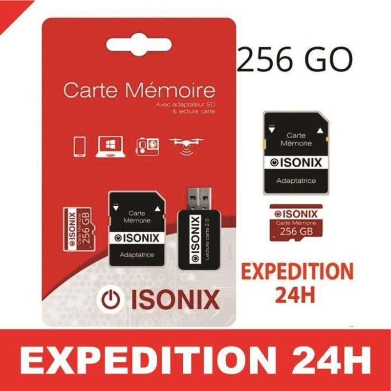 ISONIX Carte Mémoire 256 Go Micro-sd256 go SDXC + Lecture Carte 4K