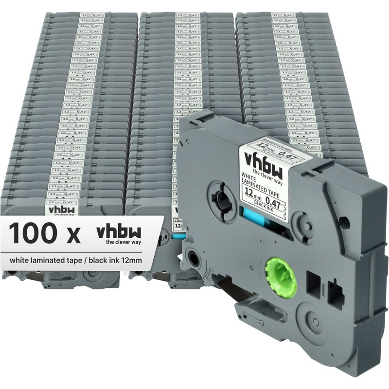 vhbw 100x Rubans compatible avec Brother ST 1150, 1150DX, 5 imprimante d'étiquettes 8m x 12mm Noir sur Blanc