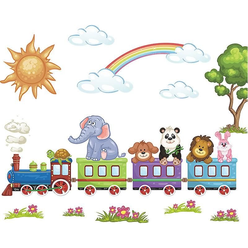 Sticker Mural Motif Train, Soleil, Nuages, Arc-En-Ciel, Pour Chambre D'enfant