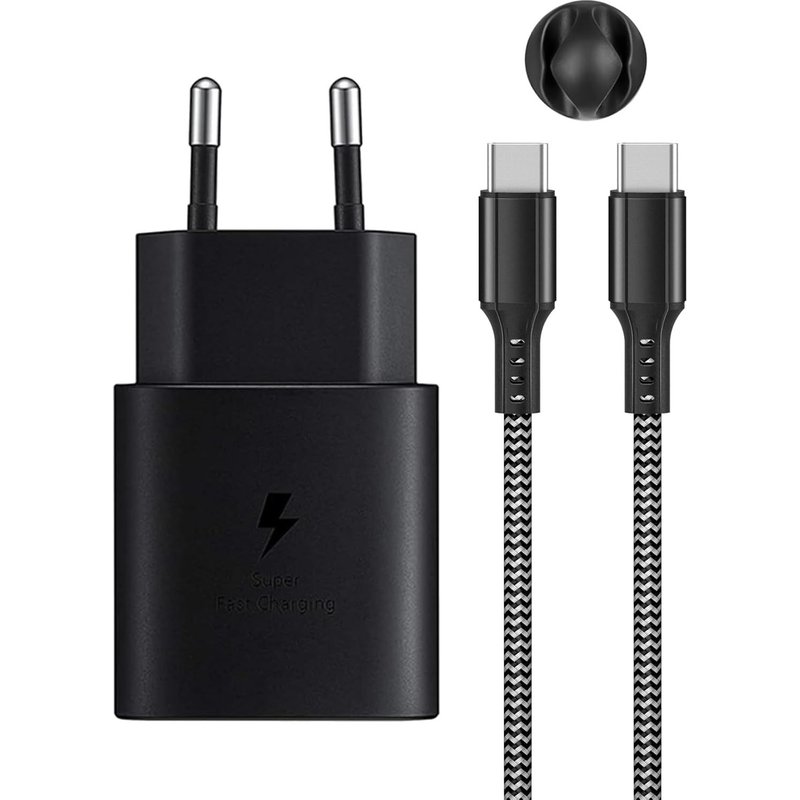 Chargeur Rapide Usb C 25 W Pd3.0 Pour Samsung Galaxy S25/S24/S23/S22/S21/S20 Ultra/S10e/Z Flip 6/Z Fold 6 5g/S20fe/Note20/10/9/S10/S9/S8/Ipad Pro 12.9,Avec Nylon De Type C Câble 2 M (Noir)