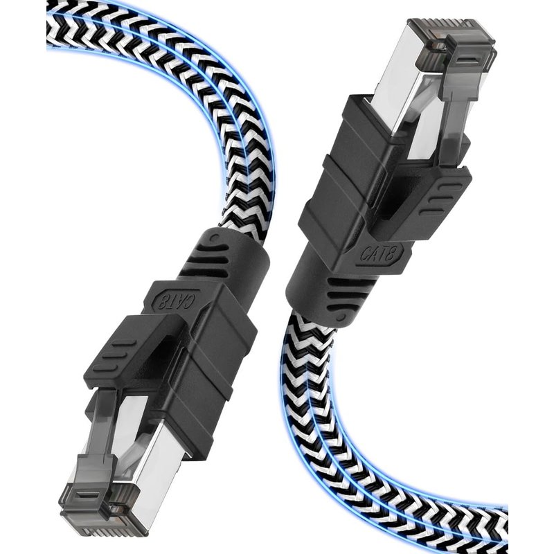 Cat 8 Câble Ethernet 0.25M 2 Pièces,RJ45 Cable Haute Vitesse Réseau 40Gbps 2000MHz,Nylon Tressé Double Blindage STP LAN Câble Internet,Compatible avec Routeur Modem TV Box PC PS4/5