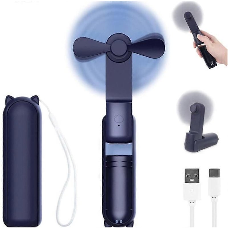 Mini ventilateur portable à main, rechargeable, à piles, pliable et silencieux, utilisable comme ventilateur mobile, pour le bureau, la maison, l'extérieur et les voyages (bleu)