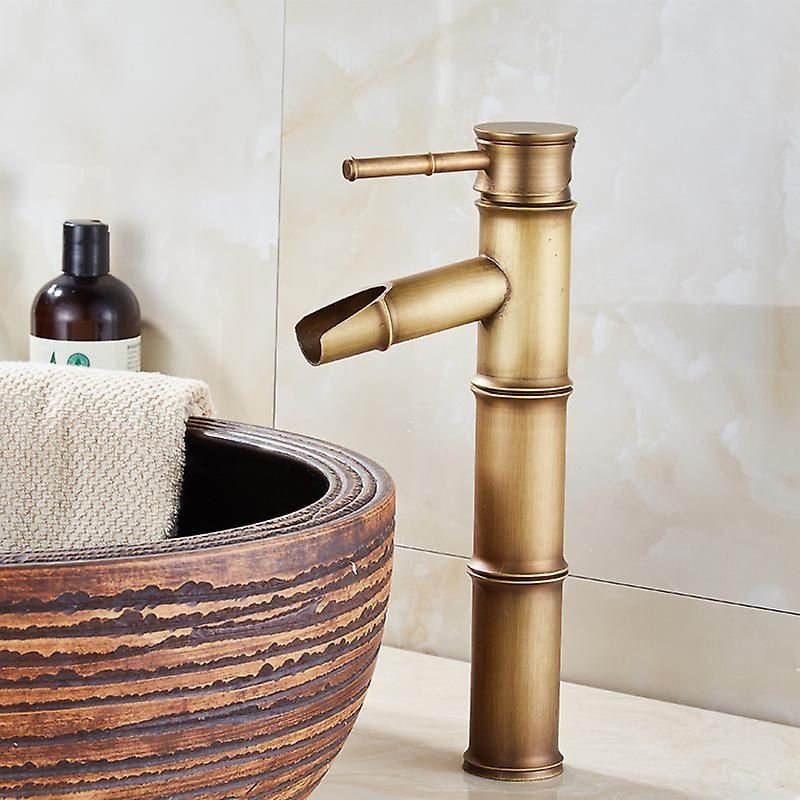 Robinet mitigeur de lavabo en bambou haut, mitigeur de lavabo cascade, robinet monotrou, eau chaude et froide disponibles, robinet de salle de bain en bronze, 3 bouches de rupture