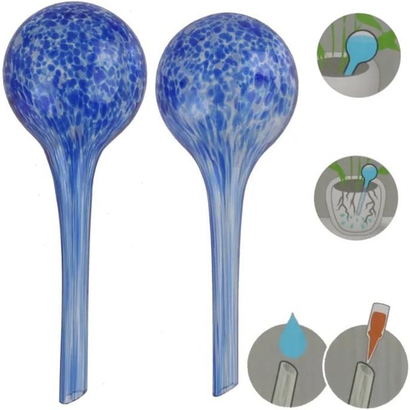 Set de 2x Boule d'irrigation en verre pour plantes d'intérieur bleu 200 ml