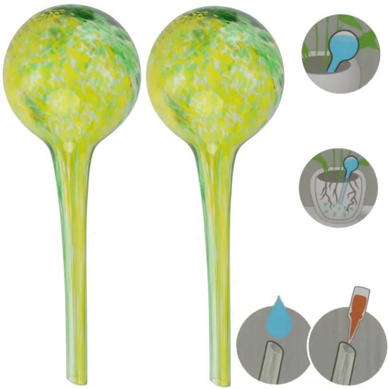 Set de 2x distributeur d'irrigation en verre Boule pour plantes d'intérieur vert-jaune 200 ml