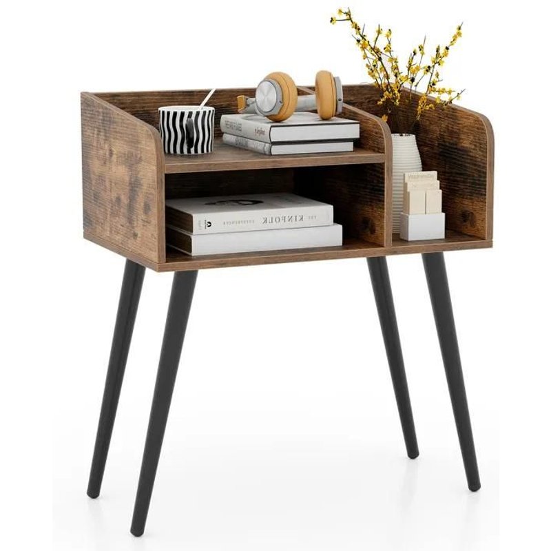 Costway Table De Chevet Avec 3 Compartiments Ouverts, Table D'appoint Avec Pieds En Métal, Pour Salon, Chambre, Marron