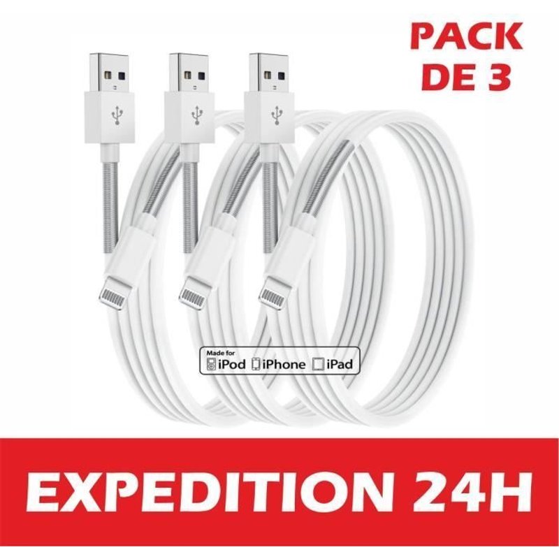 Lot De 3 Câble De Chargeur Iphone, Mfi Certifié, Fil Lightning Charge Rapide Pour Iphone 13 12 11 Pro Xs Max Xr X 8 7 6s Plus / 8 7