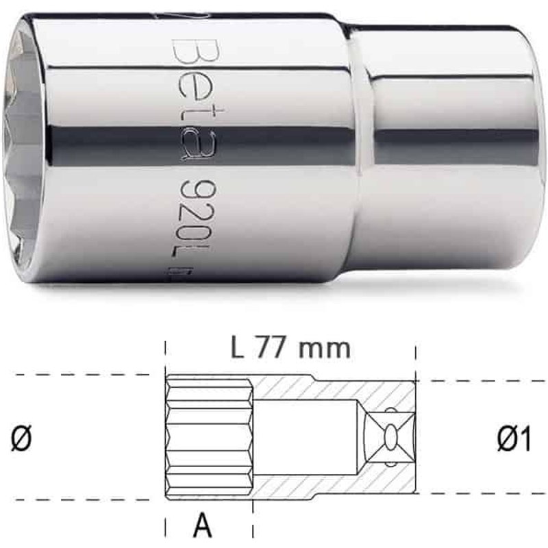 BETA Douille 12 pans 1/2"" série longue - 920BL - x 1 - 77 mm - 1/2'' - 23 mm - 12 pans