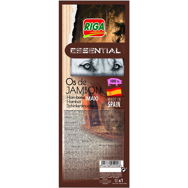 Riga - Essential Os De Jambon Maxi - Friandise Pour Chien Riche En Jambon De Porc Et En Protéines - Mati Re Premi Re Naturelle Non Transformée - 1 Os