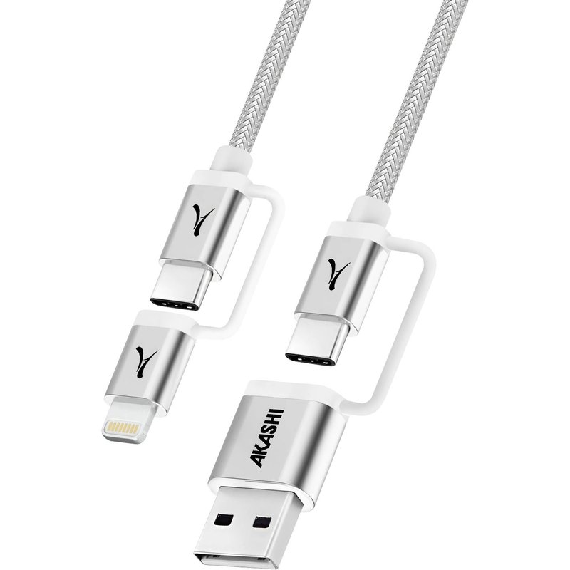 Câble 4 en 1 USB-C + Lightning Compatible Apple CarPlay Android Auto Akashi Gris
