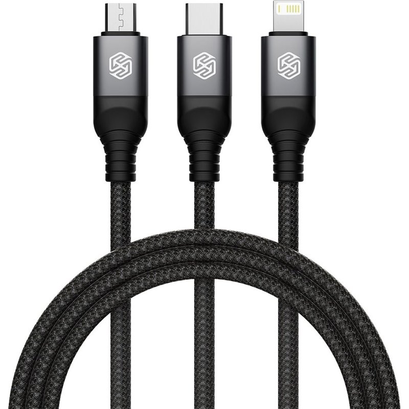 Câble 3-en-1 Swift Pro USB-A vers USB-C / Lightning / micro-USB Tressé 1.5m Nillkin Noir