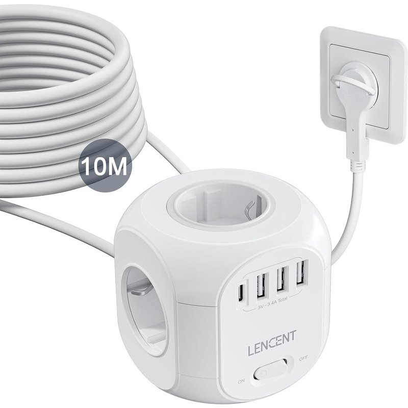 Multiprise Avec Interrupteur Cube Multiprise 4 Prises, 3 Usb Et 1 Type C, Multiprise Usb Parafoudre Et 4 Interrupteurs Rallonge Electrique 10 M Câble La Maison Et Au Bureau