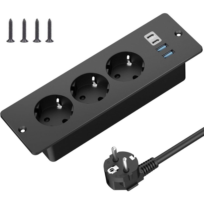 Recessed Table Socket With 2 Usb-A And 2 Type-C, Built-In 3 Sockets With 2 M Cable, Table Socket, Power Strip For Furniture Or Worktop, Black